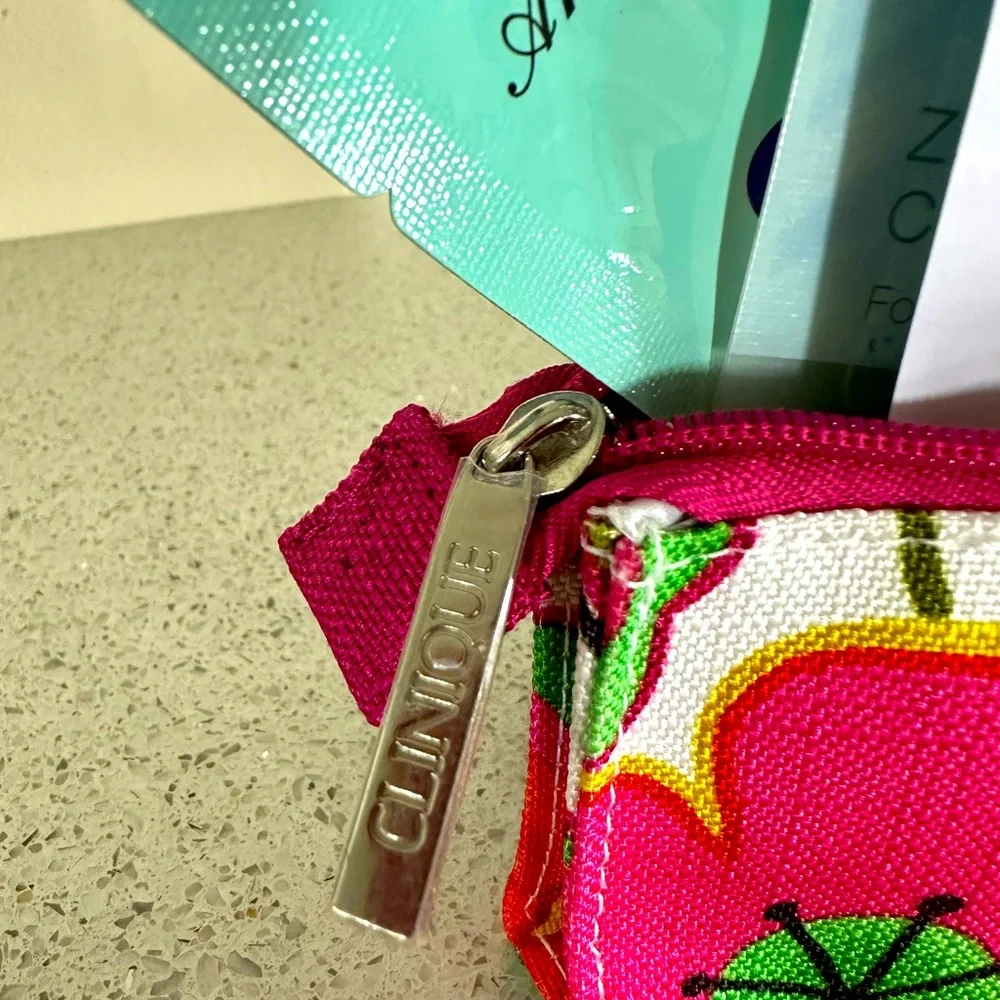 Clinique Pink and Green Floral Cosmetic Pouch - with 5 more pieces of goodies